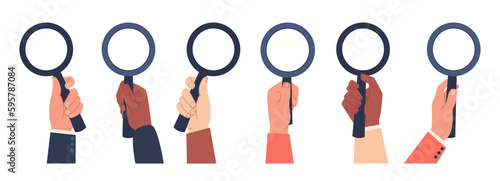 Concept of search, research and analysis, hands holding magnifying glass. Optical tool in hand. Observation or examination. Discovery symbol, website icon. Vector cartoon flat illustration