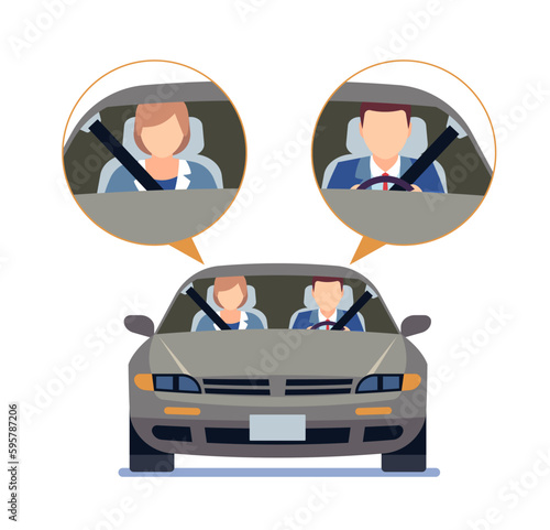 Driving regulations, man and woman in car wearing seat belt. Vehicle safety rules. Driver and passenger inside automobile, couple in auto front view. Cartoon flat style vector concept