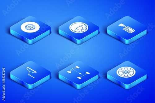 Set Car wheel, brake disk, Chassis car, Windscreen wiper, Steering and Gear shifter icon. Vector