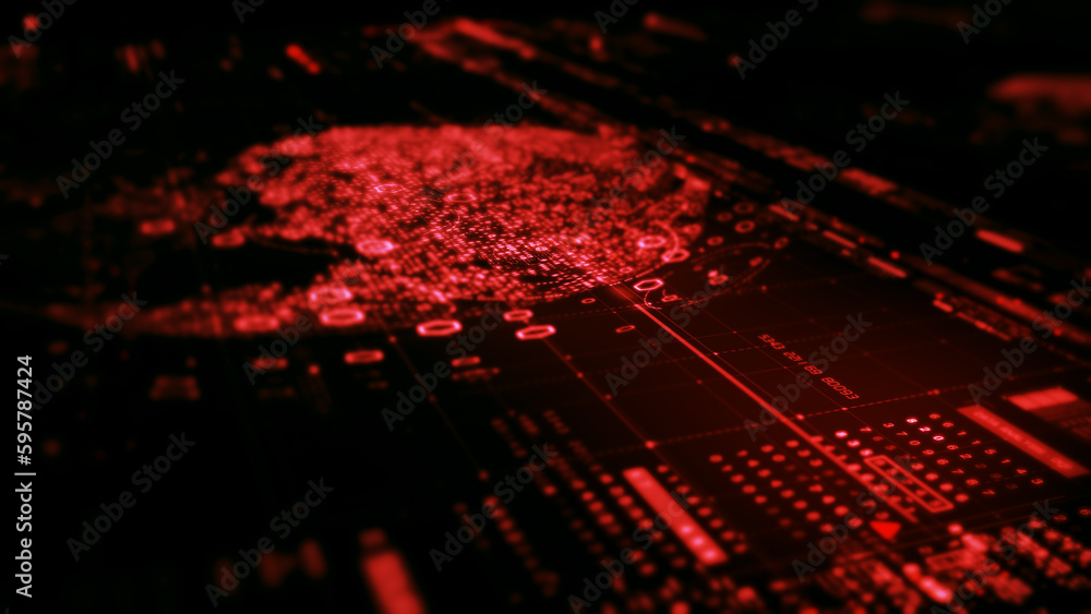 Futuristic abstract de-focus flowing data matrix, telemetry and encrypt numbers display with particles simulation for head up display in cyber space environment background