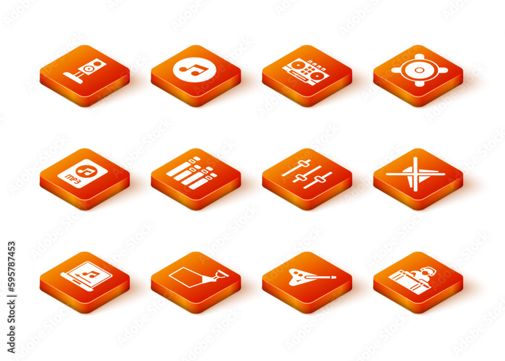 Set Laptop with music note, Movie spotlight, MP3 file document, Music equalizer, Electric bass guitar, DJ playing and Speaker mute icon. Vector Set Laptop with music note, Movie spotlight, MP3 file document, Music equalizer, Electric bass guitar, DJ playing and Speaker mute icon. Vector