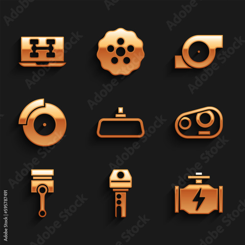 Set Car mirror, key with remote, Check engine, headlight, Engine piston, brake disk caliper, Automotive turbocharger and Diagnostics condition of car icon. Vector