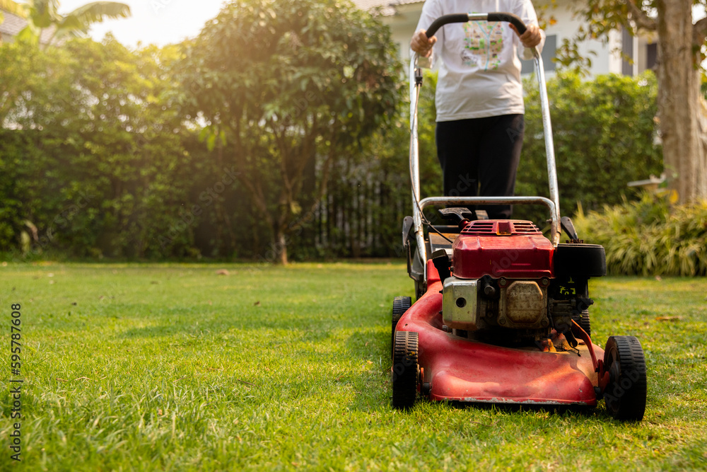 Fototapeta premium Garden work on the care of the lawn. A woman mows the lawn using an electric pushing lawn mower.. cleaning concept