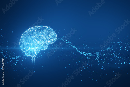 Creative glowing polygonal brain hologram on blurry blue background. Neurology research, artificial intelligence concept. 3D Rendering.