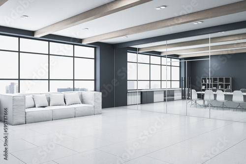 Modern glass meeting room interior with furniture  concrete flooring  equipment and panoramic windows with city view. 3D Rendering.