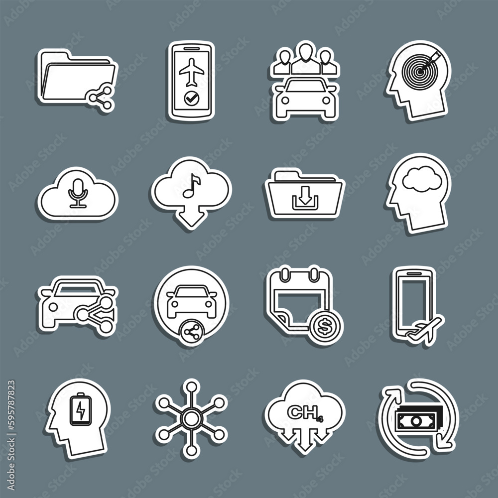 Set line Refund money, Flight mode in the mobile, Head silhouette with cloud, Car sharing, Cloud download music, Music streaming service, Share folder and Folder icon. Vector Set line Refund money, Flight mode in the mobile, Head silhouette with cloud, Car sharing, Cloud download music, Music streaming service, Share folder and Folder icon. Vector