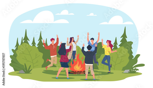 Group of young people dancing around campfire in clearing in woods. Music festival in forest. Happy men and women summer camping party event. Cartoon flat style isolated vector concept