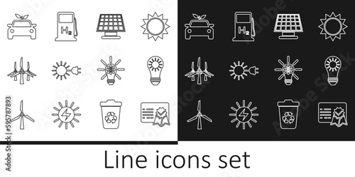 Set line Certificate template, Solar energy panel, Sun with electric plug, Wind turbines, Eco car concept drive, Light bulb gear and Hydrogen filling station icon. Vector