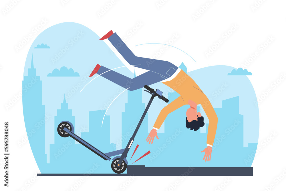 Guy without helmet falls off electric scooter and flies over handlebars. Incident on road, injured person. Broken vehicle. Riding on bike boy. Cartoon flat style isolated vector concept