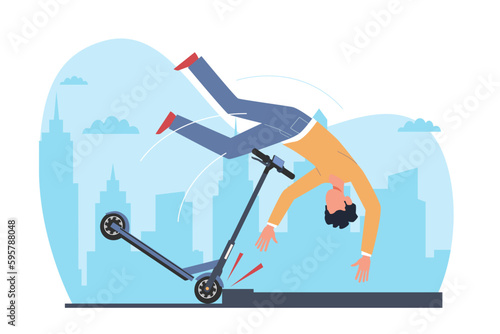 Guy without helmet falls off electric scooter and flies over handlebars. Incident on road, injured person. Broken vehicle. Riding on bike boy. Cartoon flat style isolated vector concept