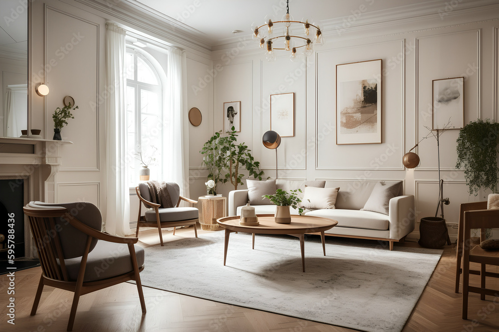 Fototapeta premium Warm and Inviting Scandinavian Living Room with Cozy Atmosphere and Timeless Design, Generative AI