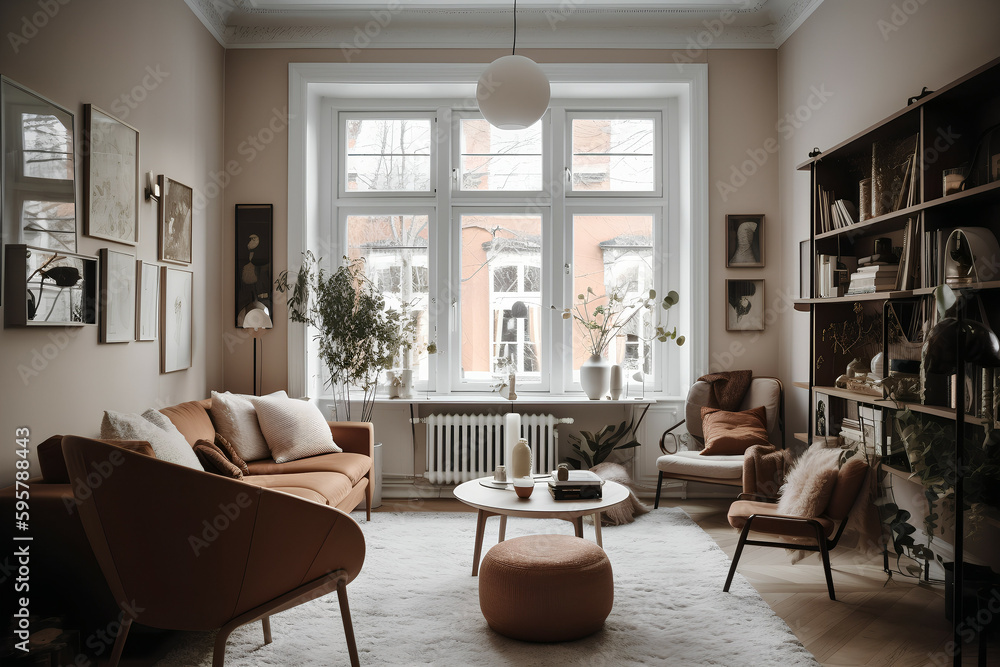 Warm and Inviting Scandinavian Living Room with Cozy Atmosphere and Timeless Design, Generative AI Warm and Inviting Scandinavian Living Room with Cozy Atmosphere and Timeless Design, Generative AI