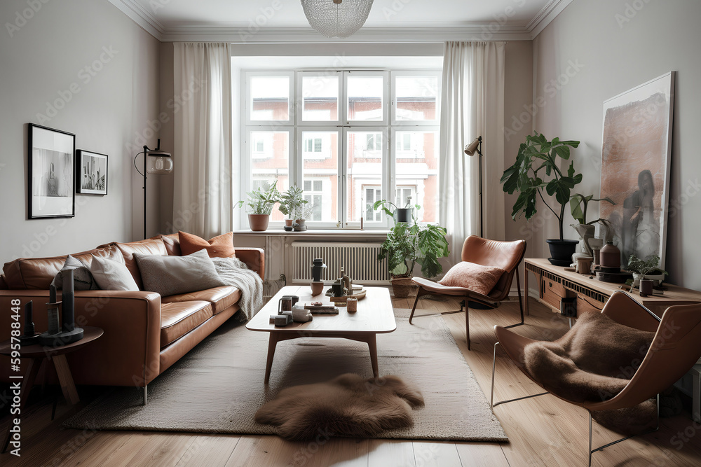 Fototapeta premium Warm and Inviting Scandinavian Living Room with Cozy Atmosphere and Timeless Design, Generative AI