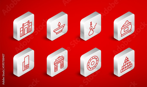 Set line Yagna, Aroma lamp, Hookah, Indian spice, Chakra, Gate in Delhi, and textile fabric icon. Vector
