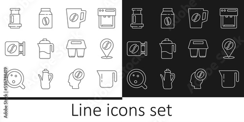 Set line Coffee pot, Location with coffee bean, cup, French press, Street signboard, Aeropress, to go and Bag beans icon. Vector