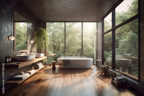 3D rendered contemporary bathroom with wooden walls/floor & large windows overlooking nature. Generative AI