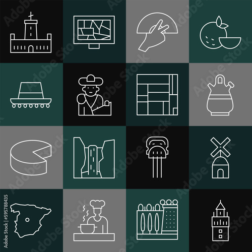 Set line Giralda, Windmill, Sangria pitcher, Fan flamenco, Bullfight, matador, Spanish hat, Montjuic castle and House Edificio Mirador icon. Vector