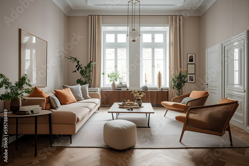 Warm and Inviting Scandinavian Living Room with Cozy Atmosphere and Timeless Design, Generative AI © spreephoto