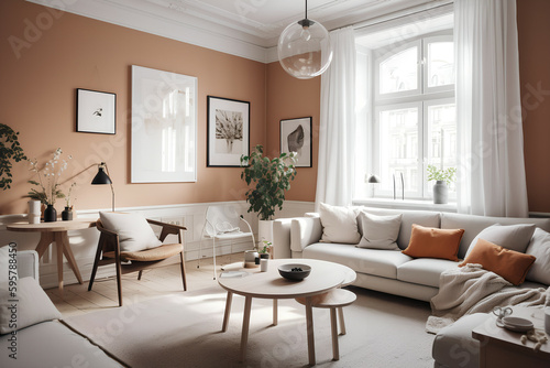 Warm and Inviting Scandinavian Living Room with Cozy Atmosphere and Timeless Design, Generative AI © spreephoto
