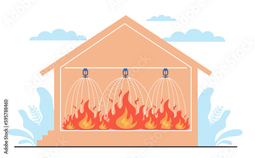Home fire protection system  sprinklers spray water on flames. Smoke control detector  property protect device  automatic sprayer  equipment cartoon flat style isolated vector concept