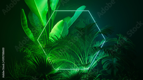Trendy Background Design. Tropical Plants with Green and Blue, Hexagon shaped Neon Frame.