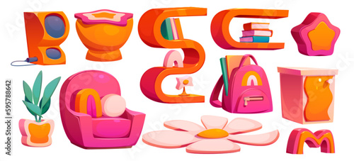 Pink y2k girl room furniture cartoon vector set. Teen daisy flower carpet and orange book shelf isolated on white background. Groovy creative teenage schoolbag, puff and decor for inside home design.