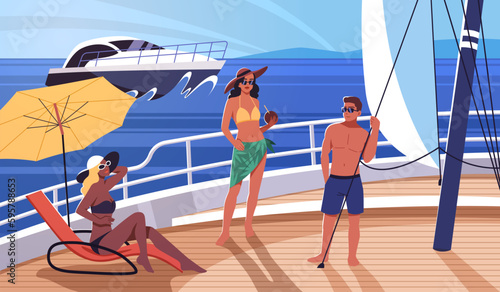 Luxury people life. Young rich guys and girls having fun on yacht, sea summer cruise, happy persons sunbathing on deck, marine vacations, cartoon flat style isolated tidy vector concept