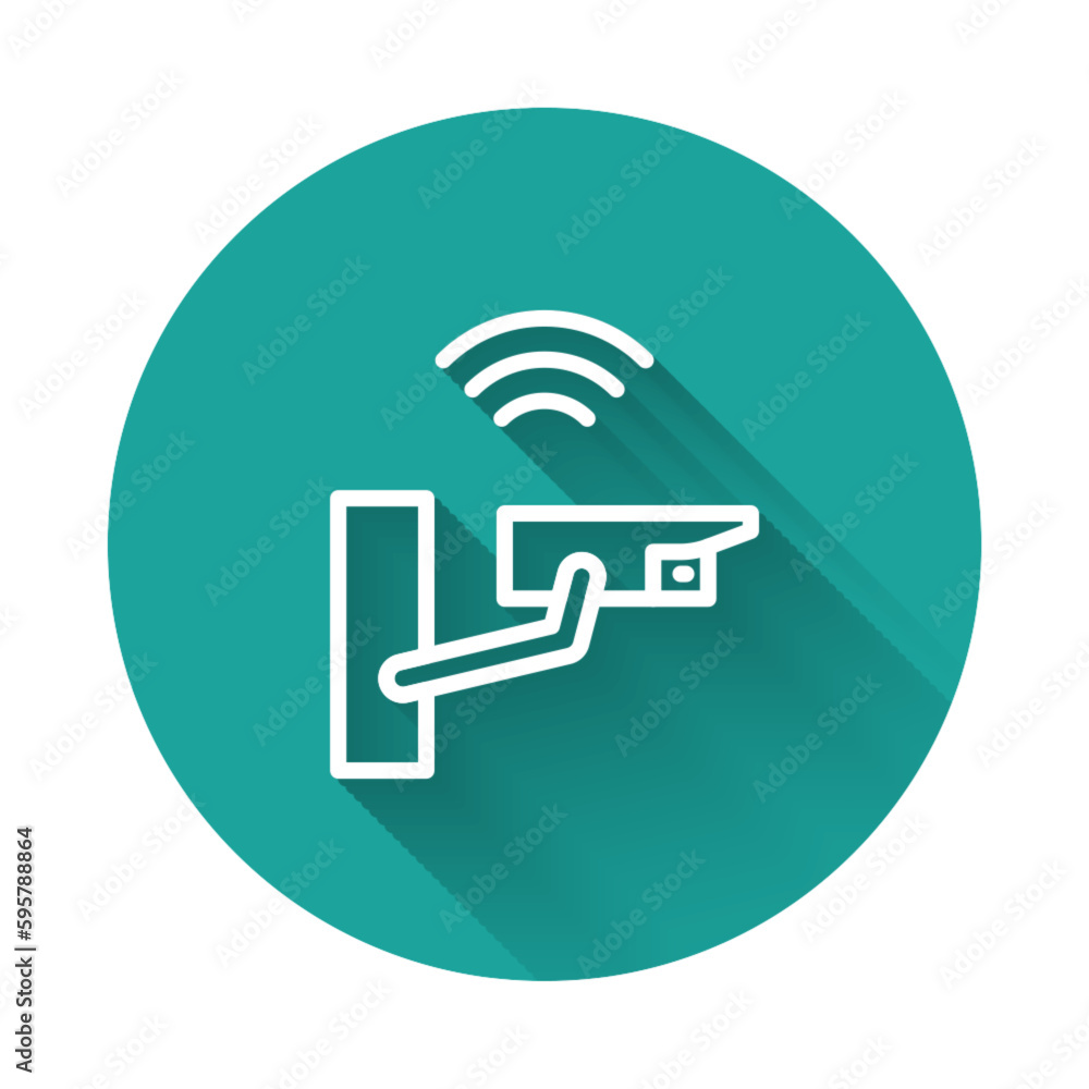 White line Smart security camera icon isolated with long shadow. Internet of things concept with wireless connection. Green circle button. Vector White line Smart security camera icon isolated with long shadow. Internet of things concept with wireless connection. Green circle button. Vector