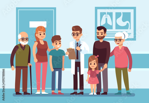 Male family doctor consults with large family. Professional medic staff in clinic or hospital. Pediatrician and therapist for different generation. Cartoon flat isolated vector concept