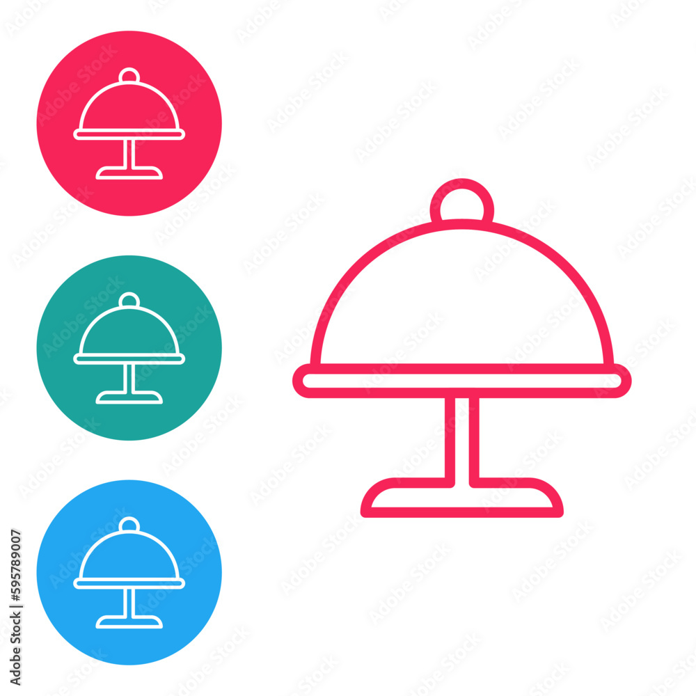 Red line Covered with a tray of food icon isolated on white background. Tray and lid. Restaurant cloche with lid. Kitchenware symbol. Set icons in circle buttons. Vector Red line Covered with a tray of food icon isolated on white background. Tray and lid. Restaurant cloche with lid. Kitchenware symbol. Set icons in circle buttons. Vector
