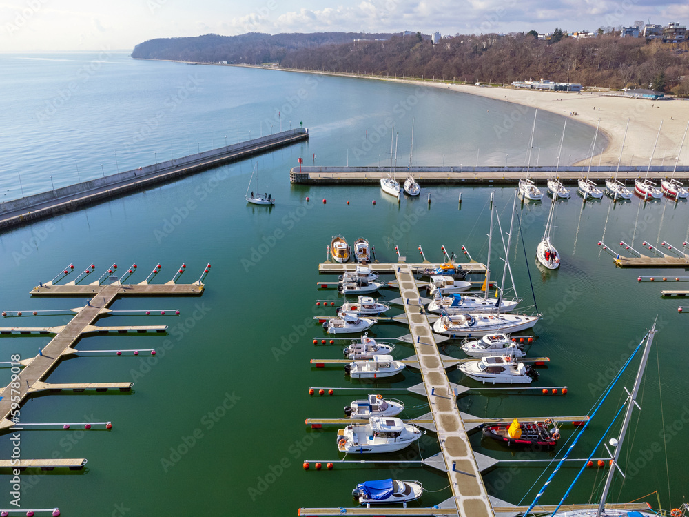 Aerial view landscape Poland Gdynia. Port with sailing boats , marina, view of beach and sea. Photo from a drone.