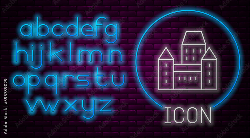 Obraz premium Glowing neon line Chateau Frontenac hotel in Quebec City, Canada icon isolated on brick wall background. Neon light alphabet. Vector