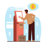 Man takes money from an ATM or bank terminal. Banking finance transfer, automated machine, electronic cashpoint. Bank customer. Financial transactions cartoon flat style vector concept