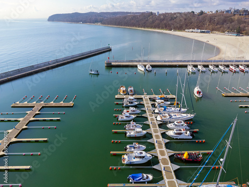 Aerial view landscape Poland Gdynia. Port with sailing boats , marina, view of beach and sea. Photo from a drone.
