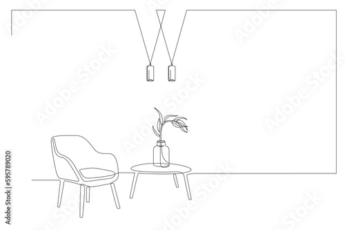 One line interior with armchair  plant in vase on table  lamp. Single line drawing of Living room with modern furniture. Continuous line Hand draw contour. Bulb  flower in pot. Editable stroke vector