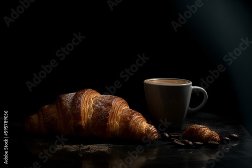 Coffee and croissant on a dark surface. Generative AI