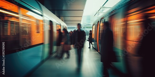 Blurred people in the subway. Illustration of the speed of life in a big city. Speed of life, futuristic blurred people at stop. Speed of life, futuristic blurred people at bus stop. Generative AI