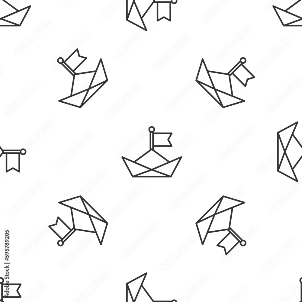 Grey line Folded paper boat icon isolated seamless pattern on white background. Origami paper ship. Vector Grey line Folded paper boat icon isolated seamless pattern on white background. Origami paper ship. Vector