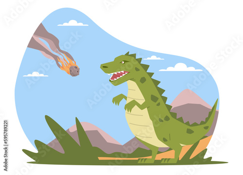 Meteorite falling to Earth and making dinosaurs extinct. Planet evolution. Asteroid explosion. Prehistoric era. Childish book or print. Cartoon flat style isolated dino vector concept © YummyBuum