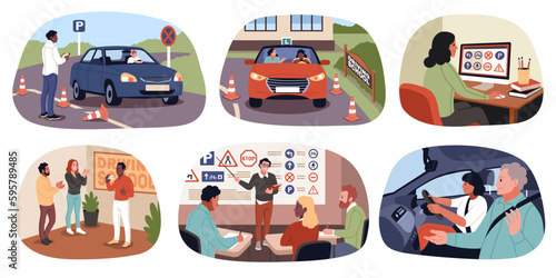 People at driving car school. Student study rules of road, practical and theoretical education, distance lessons, drivers in car in city and parking, cartoon flat illustration, tidy vector set