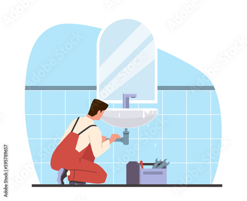 Plumber fixes leaky pipe or clog in sink. Repair man in toilet room. Leaking broken sewer. Repair service. Flood and destruction in bathroom. Cartoon flat illustration. Vector concept