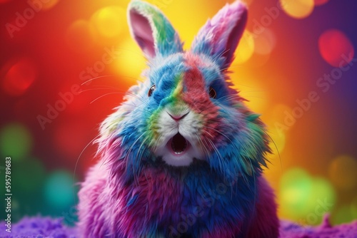 Cute rabbit with a joyful expression surrounded by vibrant colors. Generative AI