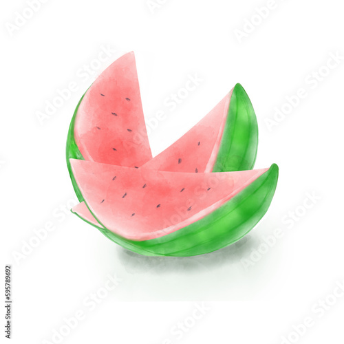Sand√≠a en rodajas aislada sin fondo. Fruta de verano roja y verde. Mel√≥n de agua partido en trozos. Ilustraci√≥n a acuarela