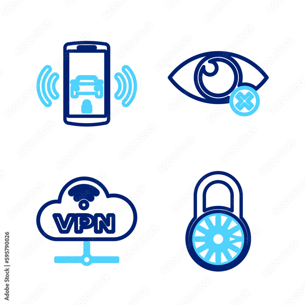 Set line Safe combination lock wheel, VPN Network cloud connection, Invisible hide and Smart car alarm system icon. Vector Set line Safe combination lock wheel, VPN Network cloud connection, Invisible hide and Smart car alarm system icon. Vector