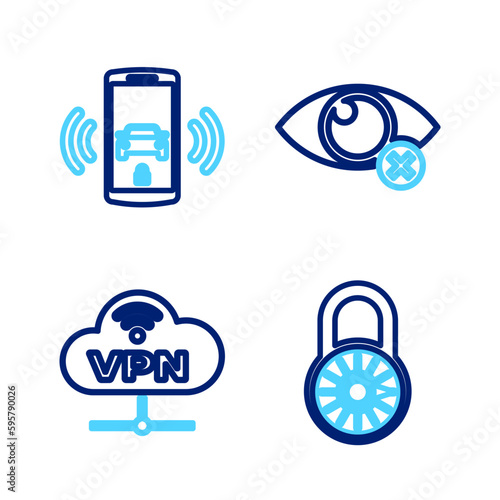 Set line Safe combination lock wheel, VPN Network cloud connection, Invisible hide and Smart car alarm system icon. Vector