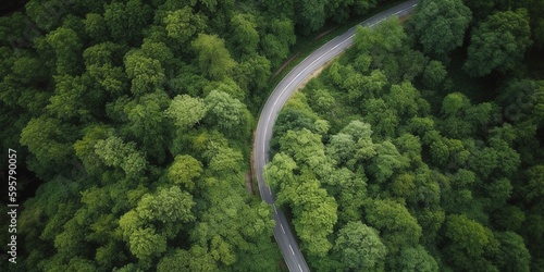Aerial view of a road in the middle of the forest. Generative AI © Nadia