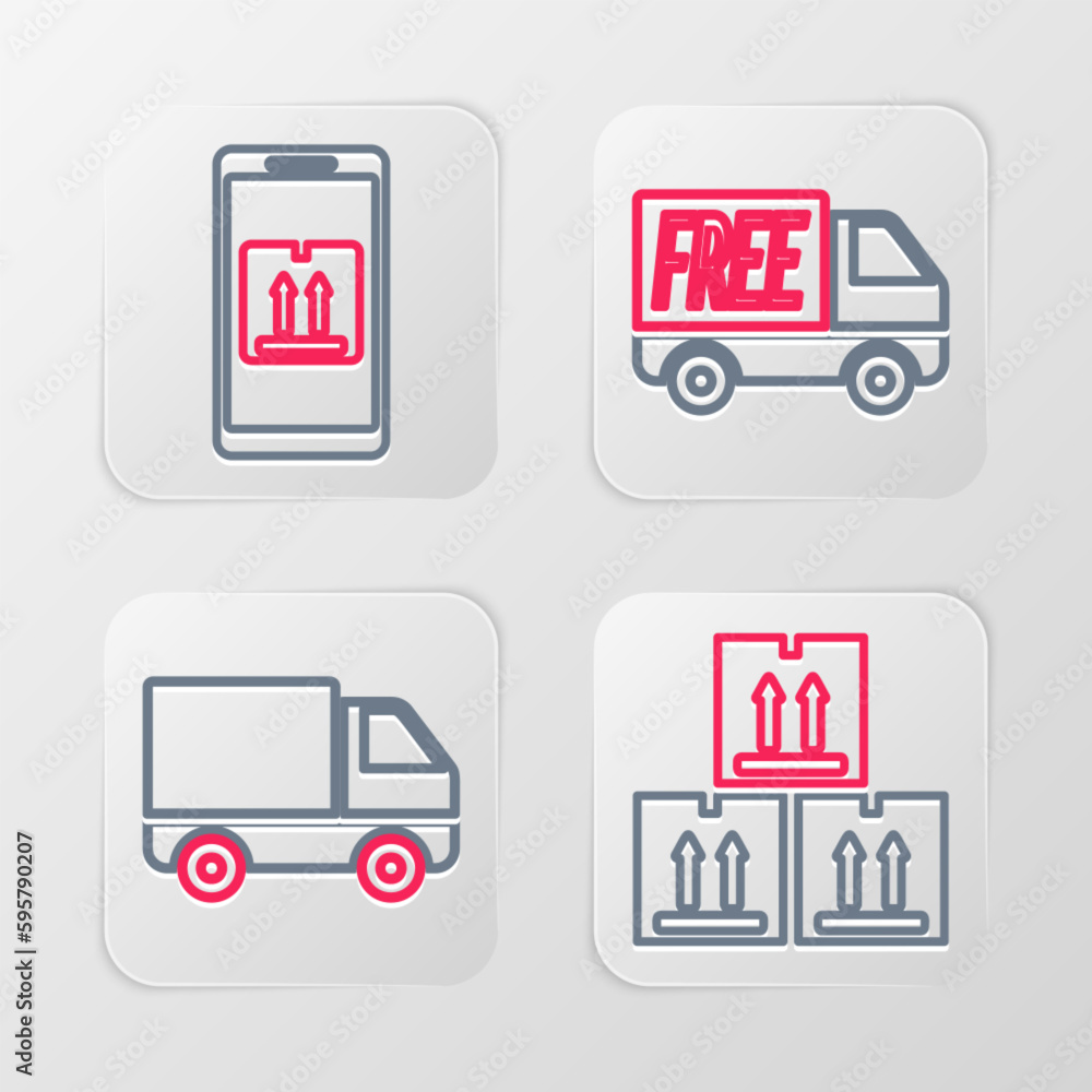 Set line Cardboard box with traffic, Delivery cargo truck vehicle, Free delivery service and Mobile app tracking icon. Vector Set line Cardboard box with traffic, Delivery cargo truck vehicle, Free delivery service and Mobile app tracking icon. Vector