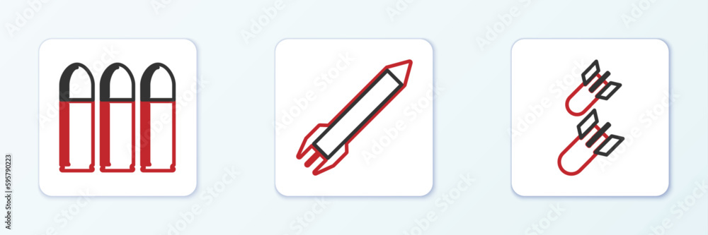 Set line Aviation bomb, Bullet and Rocket icon. Vector Set line Aviation bomb, Bullet and Rocket icon. Vector