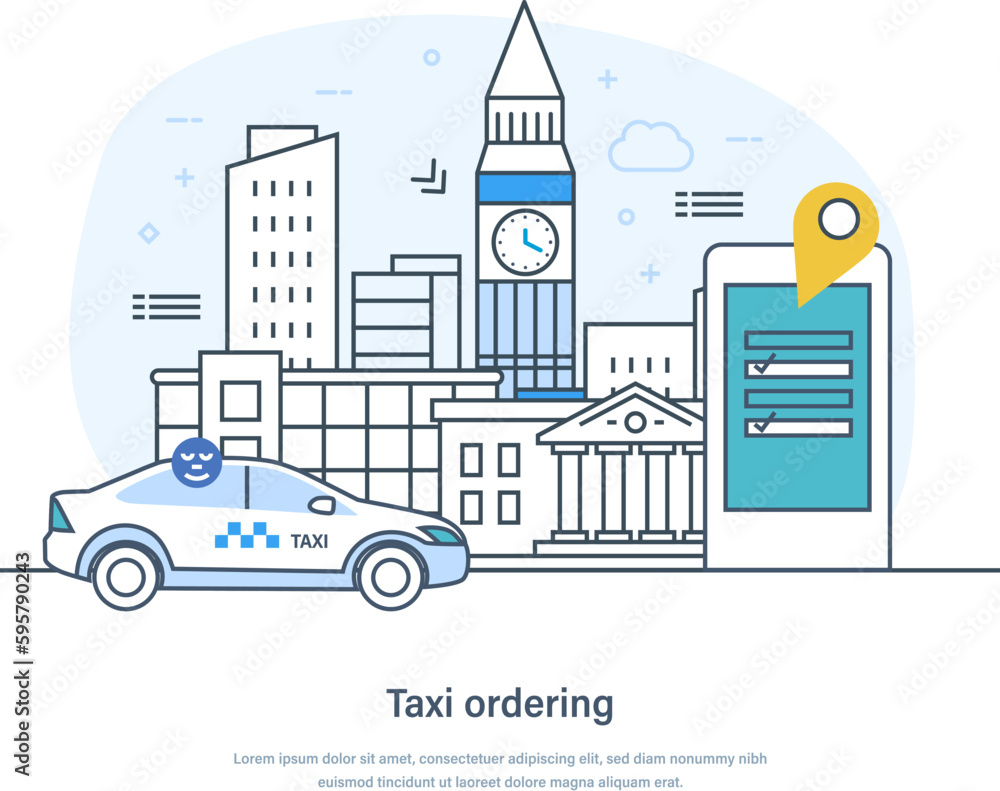 Obraz premium Taxi ordering online service, rent and sharing mobile application. Booking taxi via mobile app, navigation system. Car, city street, smartphone and location pointer thin line design of vector doodles