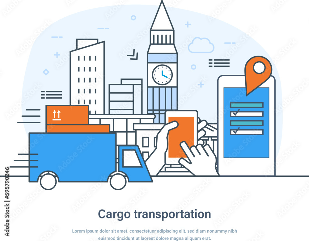 Cargo transportation, freight logistics, fast delivery service business concept. Warehouse, storage of goods, freight transportation, cargo trucking thin line design of vector doodles